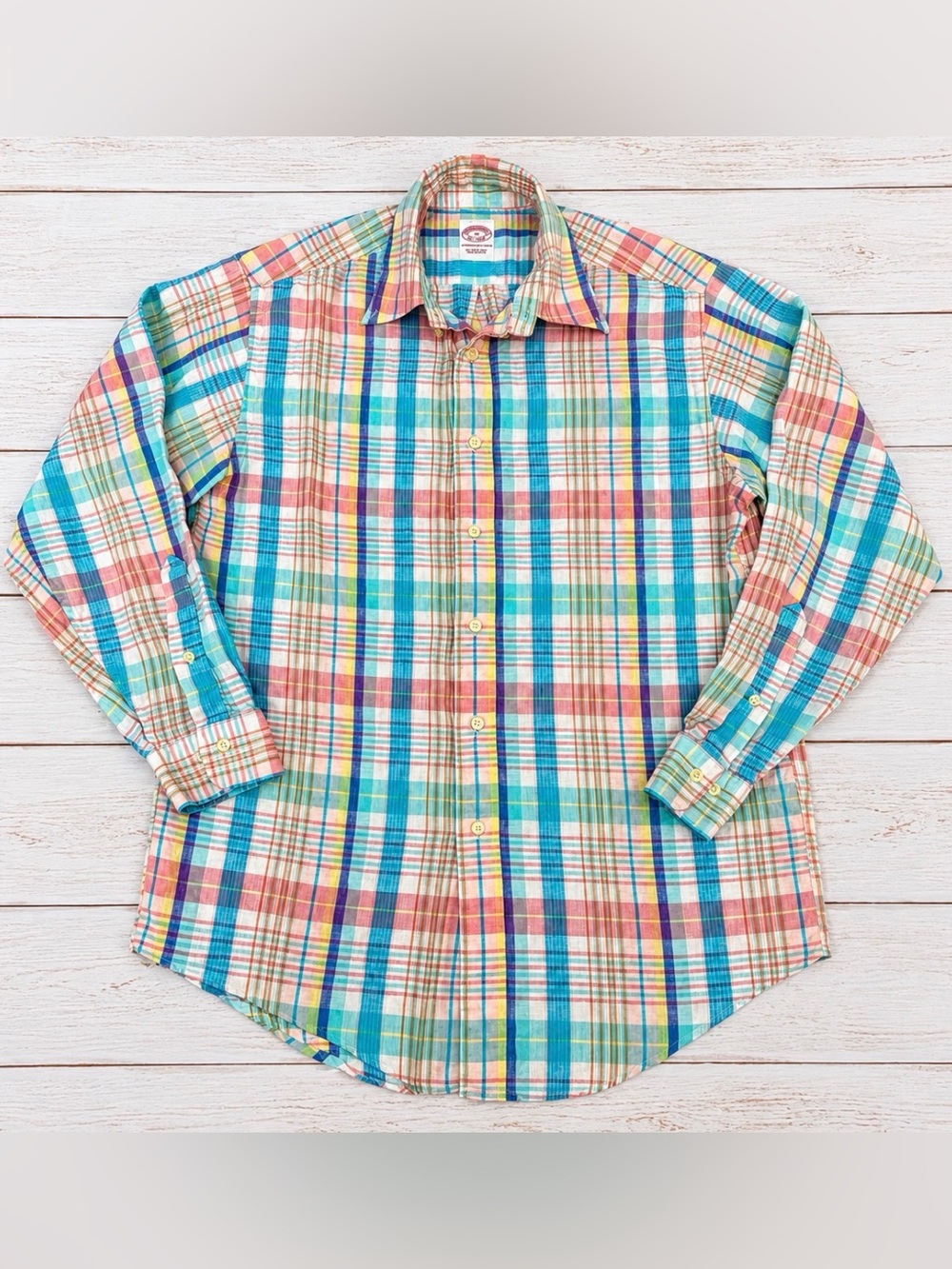 Brooks Brothers Men’s Medium Irish Linen Madras Plaid Button Down Shirt